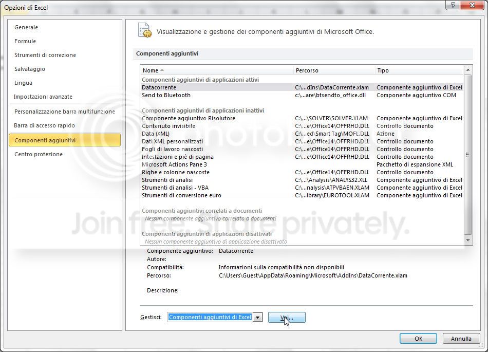 Excel componenti aggiuntivi